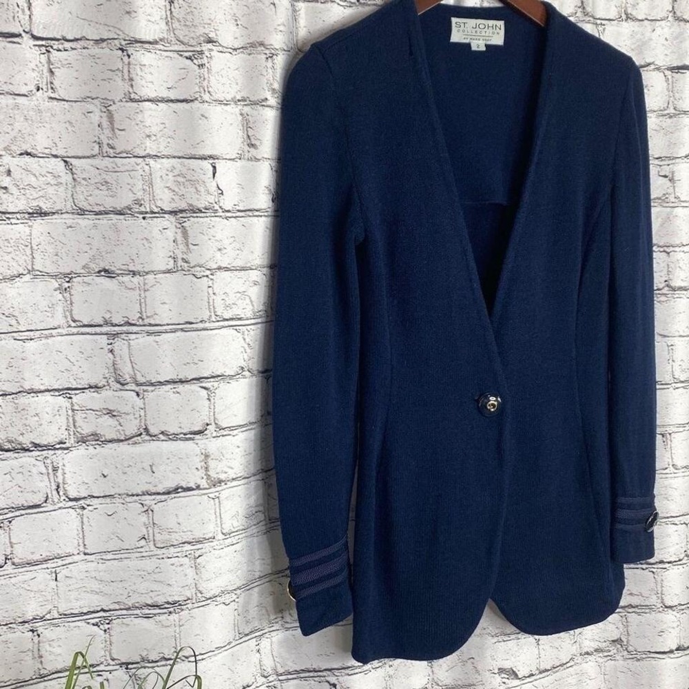 St. John Collection by Marie Gray Santana Knit Blazer Detachable Collar 2 Navy - Picture 2 of 4